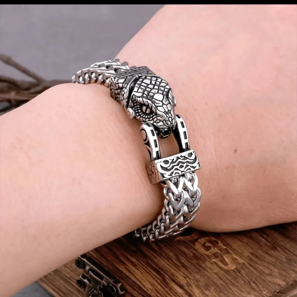 Nordic Viking Stainless Steel Snake Head Men Bracelet 9" - Picture 4 of 7